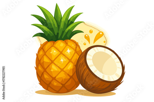 Bright tropical pineapple and fresh halved coconut with juice splashes on white background