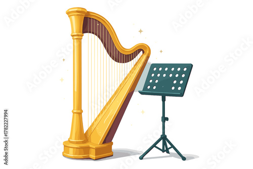 Shiny golden classical concert harp and dark teal music stand on white background