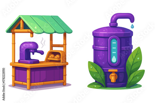 Stylized colorful food stall and water dispenser icons set for mobile game assets and applications