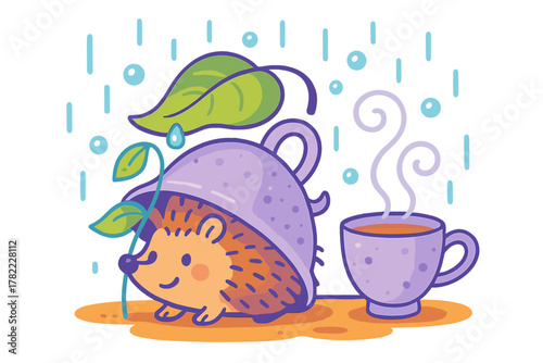 Cute hedgehog character using a teapot as a rain shelter beside a steaming hot drink mug