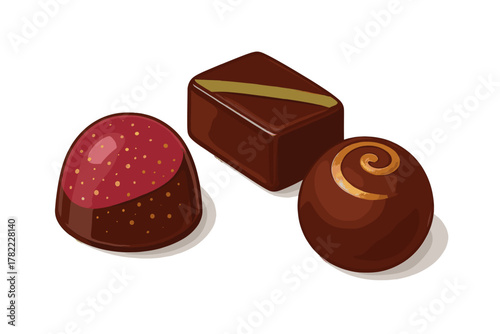 Three gourmet dark chocolate bonbons featuring shiny glaze, gold swirl, and decorative toppings