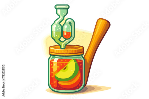 Home brewing jar with fruit slices and fermentation airlock on a white background