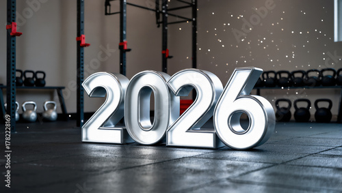 2026 new year celebration in modern gym with sparkling decorations and kettlebells