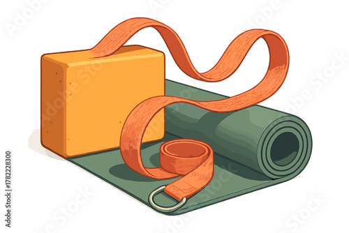 Essential yoga equipment: rolled mat, foam block, and stretching strap