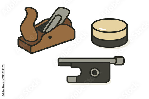 Essential woodworking tools set: hand plane, sharpening stone, and marking gauge