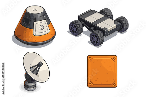 Isometric set of space exploration equipment including reentry capsule, rover chassis, satellite dish, and metal panel