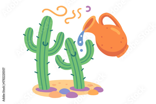 Cheerful cartoon saguaro cacti being watered by a large orange pitcher