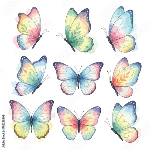 Watercolor Butterfly Vector Pattern in Pastel Colors with Symmetrical Organic Design Style