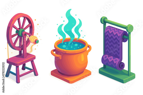 Colorful icons of a spinning wheel, magic cauldron, and patterned fabric roll