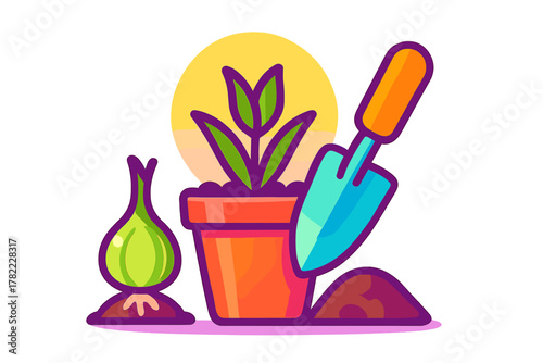 Potted seedling, garden trowel, and planting bulb representing horticulture and growth