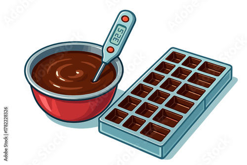 Kitchen tools for making confectionery including a bowl of melted chocolate and a candy bar mold
