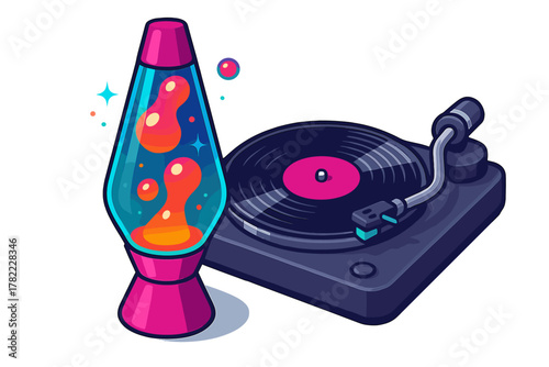 Brightly colored retro lava lamp next to a vintage turntable spinning a vinyl record