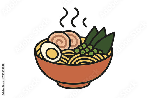 Delicious hot ramen noodles served in a bowl topped with egg, meat, and fresh greens