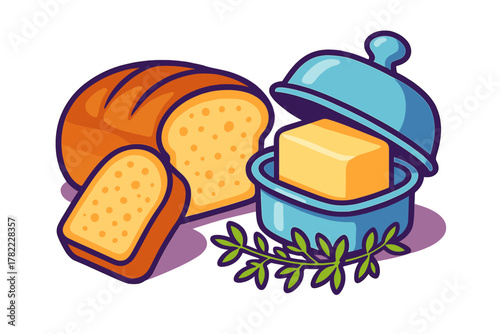 Freshly baked loaf of bread with a sliced piece next to butter in a blue dish and green herbs