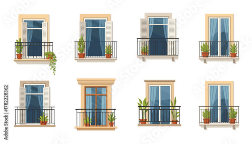 Charming balcony windows adorned with potted plants offer a glimpse of cozy living spaces and urban charm