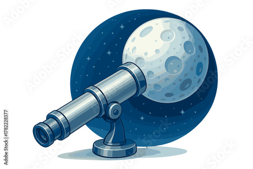 Astronomical telescope observing the full moon against a dark, starry night sky