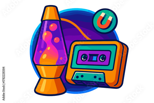 Vibrant retro aesthetic featuring a glowing lava lamp and colorful audio cassette tape