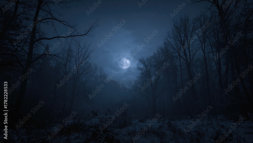 Fototapeta premium Eerie snow-covered forest shrouded in mist at twilight. Haunting atmosphere with shadowy tree outlines.