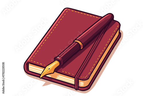 Classic burgundy leather journal or diary with a golden nib fountain pen resting on the cover