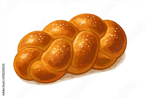 Golden braided loaf of sweet bread sprinkled with sesame seeds isolated on white background