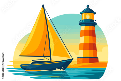 Vibrant coastal landscape with a sailing boat navigating past a towering striped lighthouse