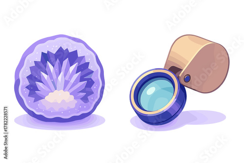 Purple amethyst geode cross section placed next to a jeweler's loupe magnifying tool