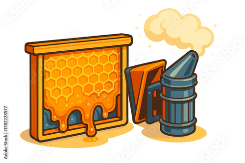 Beekeeping equipment set featuring a dripping honeycomb frame and a smoking bee smoker