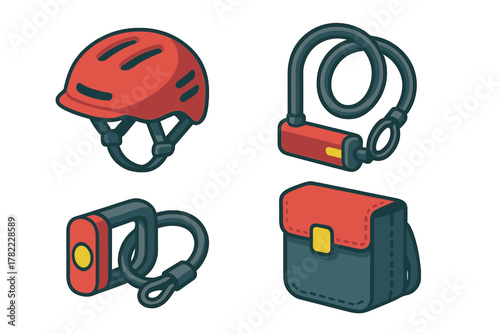 Bicycle safety and security accessories set with helmet, cable lock, and storage pouch
