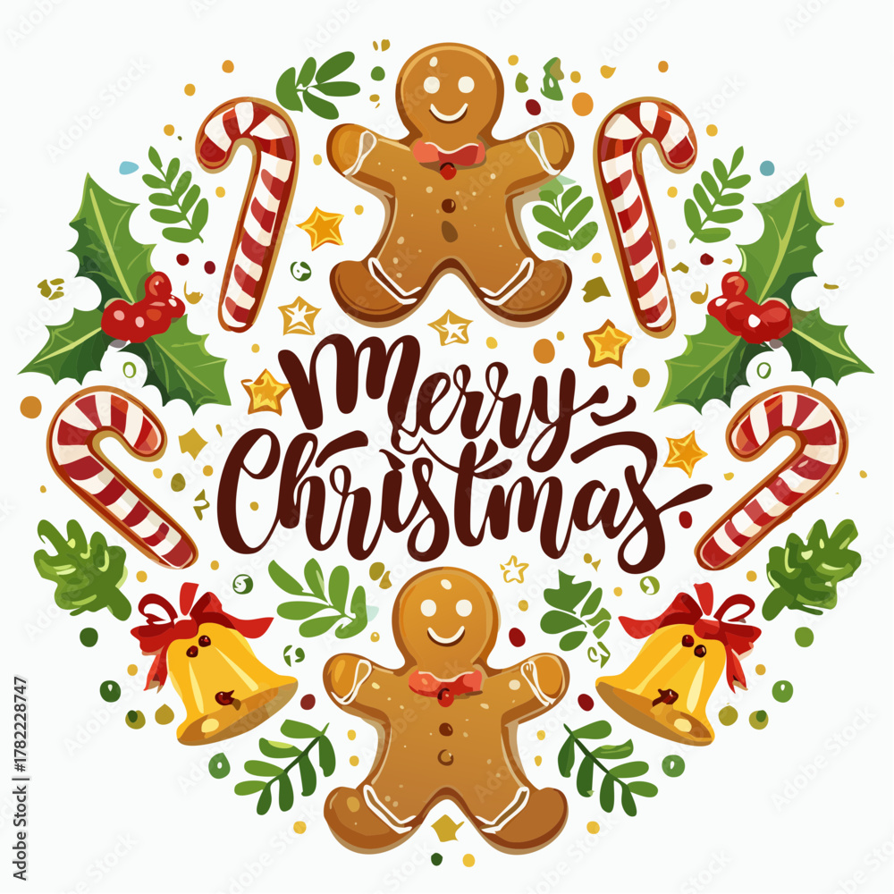Fototapeta premium Whimsical cartoon 'Merry Christmas' vector art featuring gingerbread men, candy canes, bells, and festive foliage