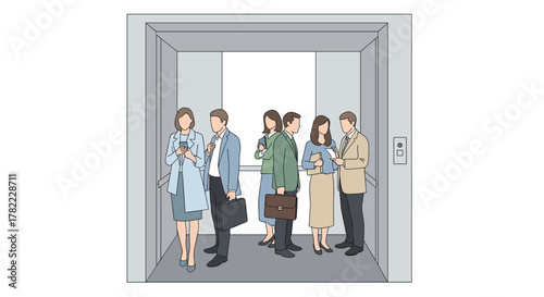 Professional colleagues commuting together in a modern office elevator, anticipating collaboration and business success