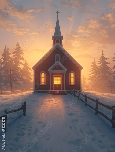 Small rural chapel covered in snow at sunrise with golden light through windows, symbol of faith, peace, and spiritual new beginnings