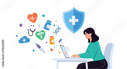 Woman managing digital health information with medical icons floating around, symbolizing care and protection