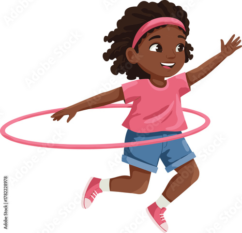 Happy cartoon girl playing with pink hula hoop, joyful child exercising outdoors in casual outfit, kids fitness and fun activity illustration