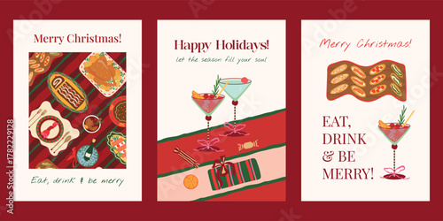 Christmas vector posters set. Holiday greeting card templates with festive food, drinks and xmas quotes. Trendy Merry Christmas typography designs for print, wall art, interior decor, invitations