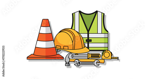 Essential construction safety gear and tools including helmet, vest, cone, hammer, wrench, and tape measure for industry projects