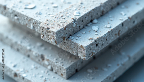 Close-up of stacked concrete slabs showing porous aggregate texture and scattered water droplets on a gray surface.