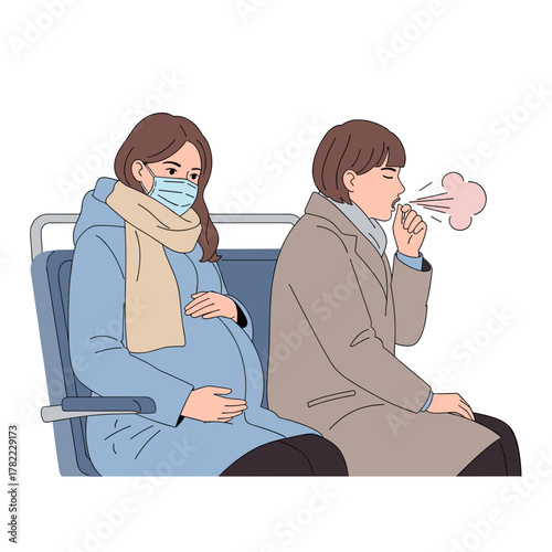 A pregnant woman wearing a mask sits next to a coughing person, ideal for pregnancy health and safety campaigns.