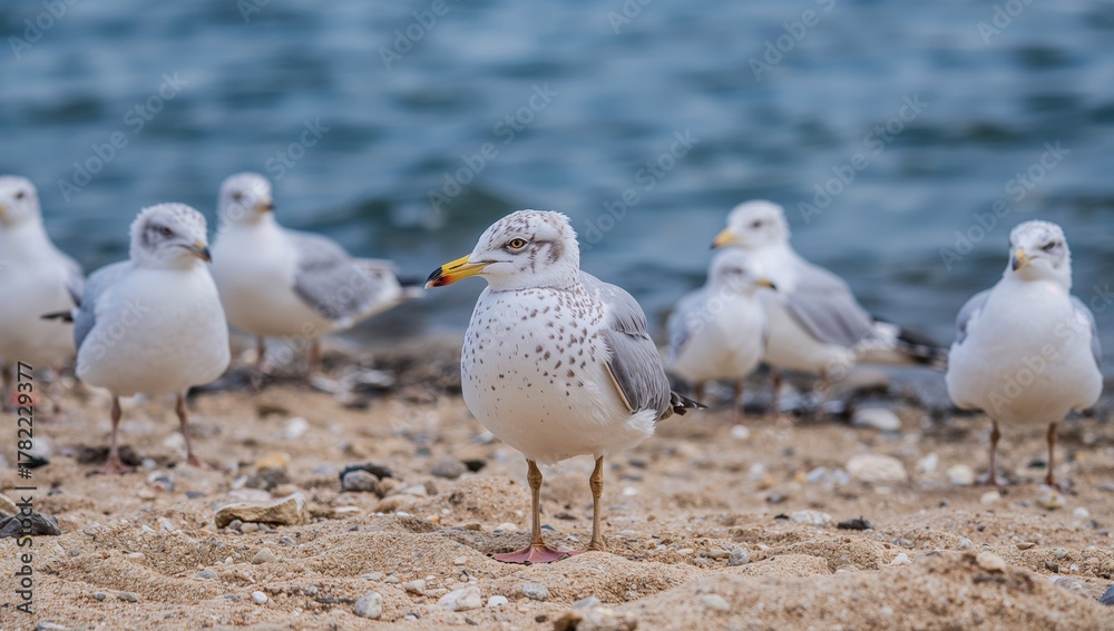 Fototapeta premium Seagulls displaying social behavior, observed in a coastal setting, teamwork
