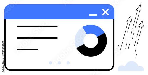 Analytics dashboard interface with pie chart, text, and growth arrows. Ideal for data presentation, growth strategy, performance tracking, marketing, business success, innovation and analysis