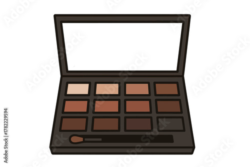 Open cosmetic palette featuring twelve neutral brown eyeshadow shades and mirror
