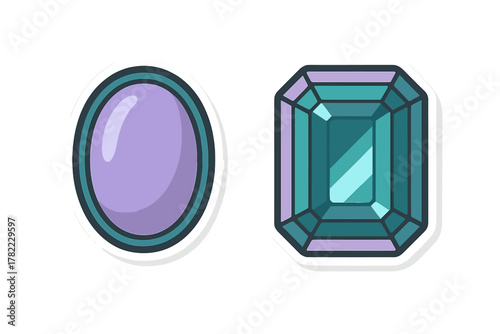 Pair of precious jewels: smooth purple cabochon and faceted teal emerald cut stone