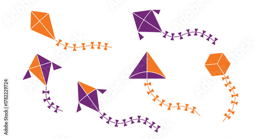 Vibrant purple and orange kites soaring joyfully across a clean white background, perfect for summer fun and celebration projects