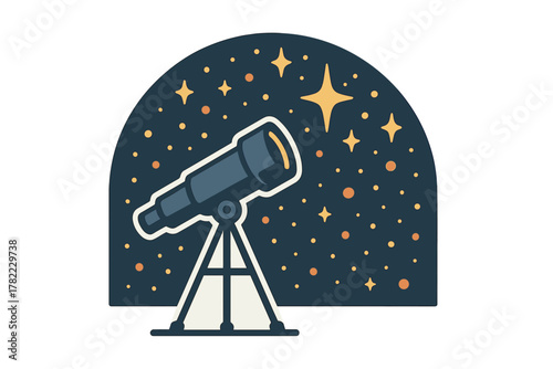 Telescope observing the cosmos and celestial bodies in a dark night sky full of shining stars