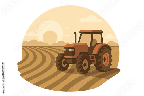 Agricultural tractor driving across a freshly plowed field under a stylized sun