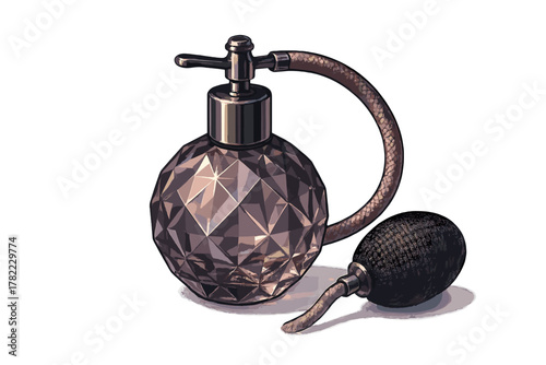 Antique style perfume atomizer bottle with faceted glass and rubber bulb