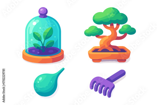Colorful isometric elements for home gardening including bonsai tree plant cloche and watering bulb