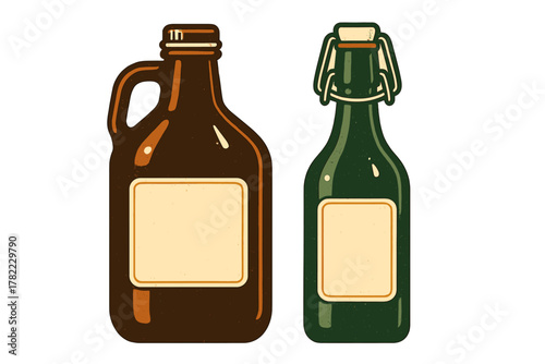 Retro brown glass growler jug and dark green swing top bottle with blank labels for beverage packaging