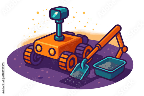 Robotic space exploration rover collecting soil samples on an alien planet surface