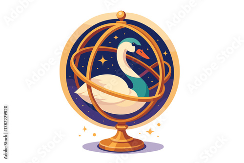 Majestic swan figure enclosed within a golden armillary sphere against a starry cosmic background