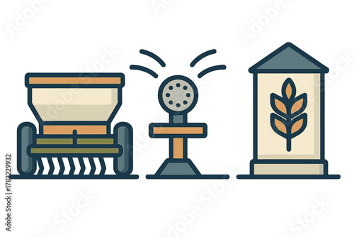 Seed spreader, irrigation system, and grain storage silo icons representing modern farming equipment